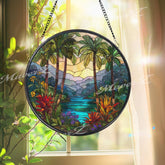 Tropical Stained Glass Suncatcher, Round Palm Tree and River Window Panel with Colorful Flowers, Exotic Nature Home Decor Gift